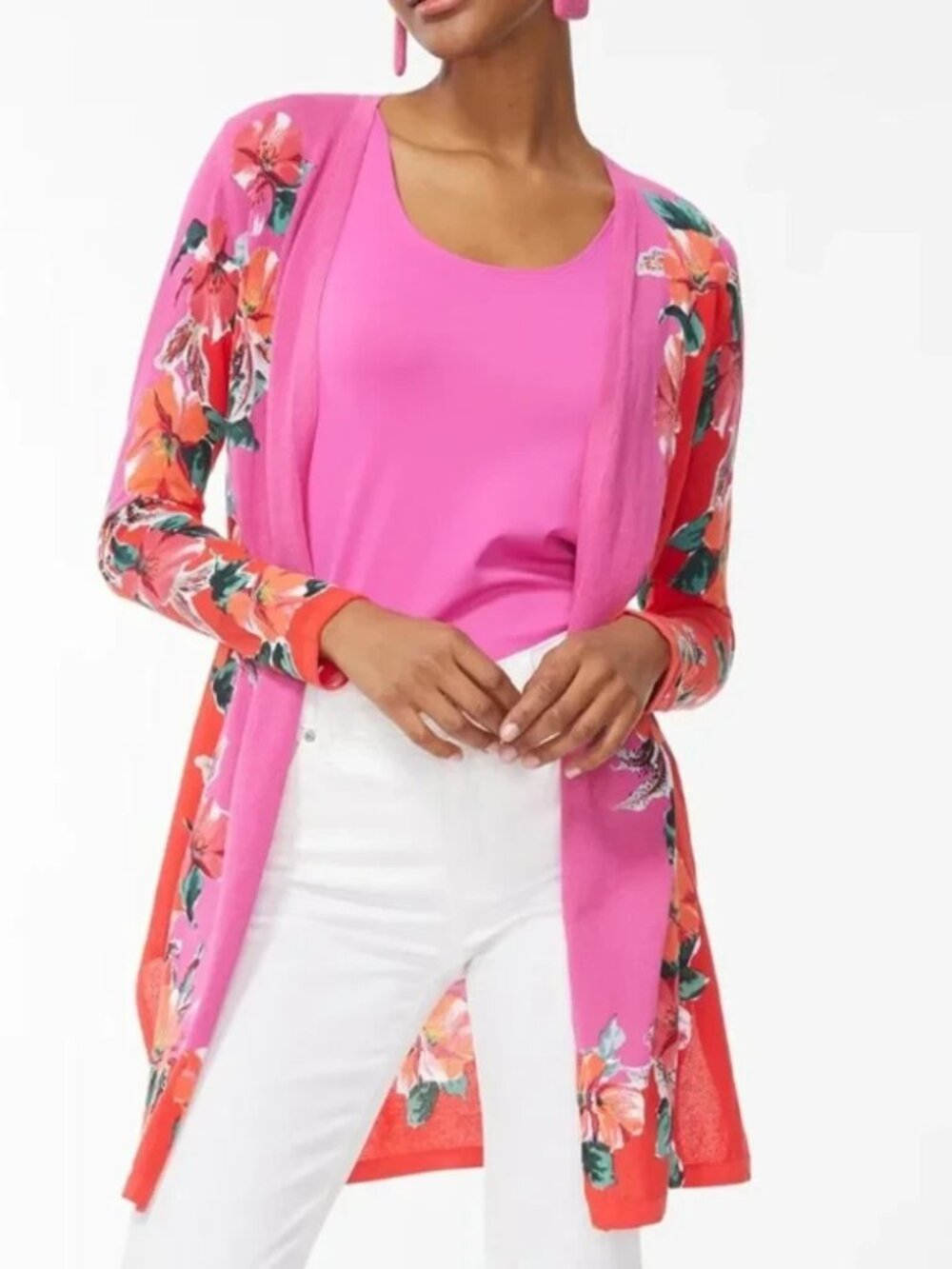 NWT Chico's Summer Romance Floral Maxi Cardigan in Pink Size 2/Large $119
